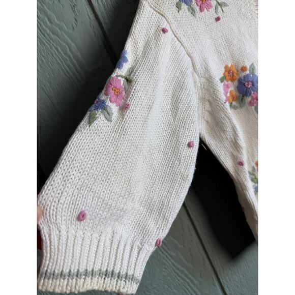 Vintage Floral Embroidered Knit Cardigan | Cottagecore | Pastel Flowers, LG - Picture 2 of 7